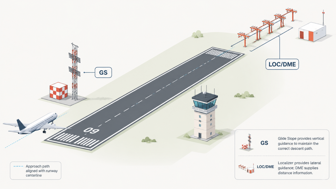 Layout of ILS Localizer, Glide Slope, and DME Ground Stations