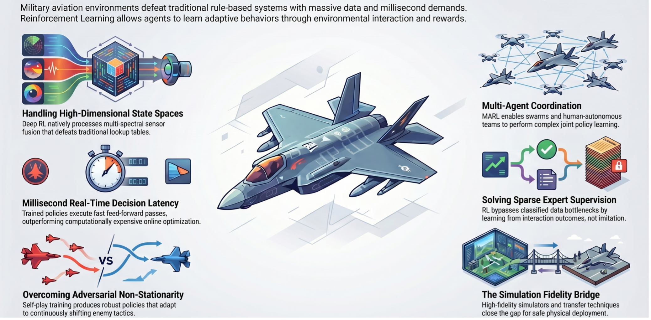 Six strategic pillars of RL in military aviation
